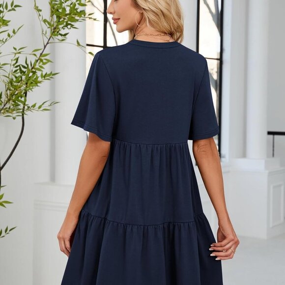 Womens Summer Dress Short Sleeve V Neck A Line Mini Pockets Casual Beach - Picture 5 of 6